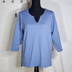Orvis Classic Pima Cotton 3/4 Length Sleeve Denim Blue Notched V-Neck Top Size L